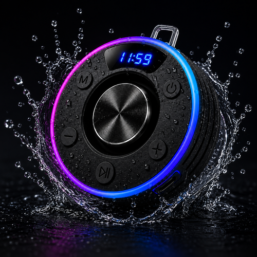 Waterproof Bluetooth Shower Speaker with Suction Mount, FM Radio & LED Clock