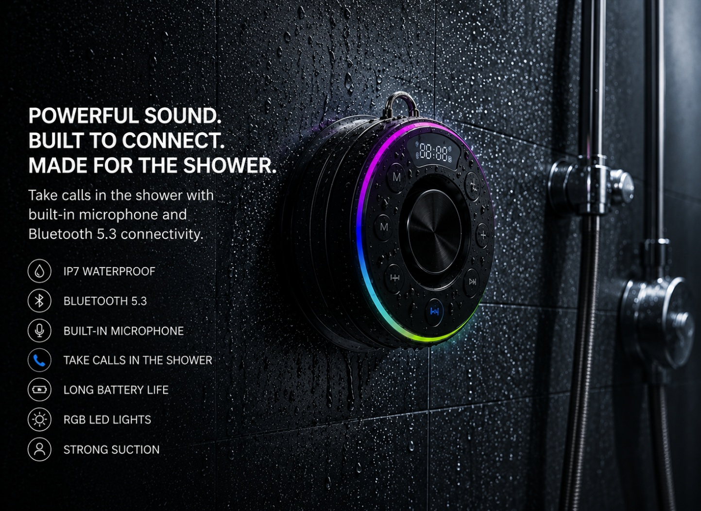 Waterproof Bluetooth Shower Speaker with Suction Mount, FM Radio & LED Clock