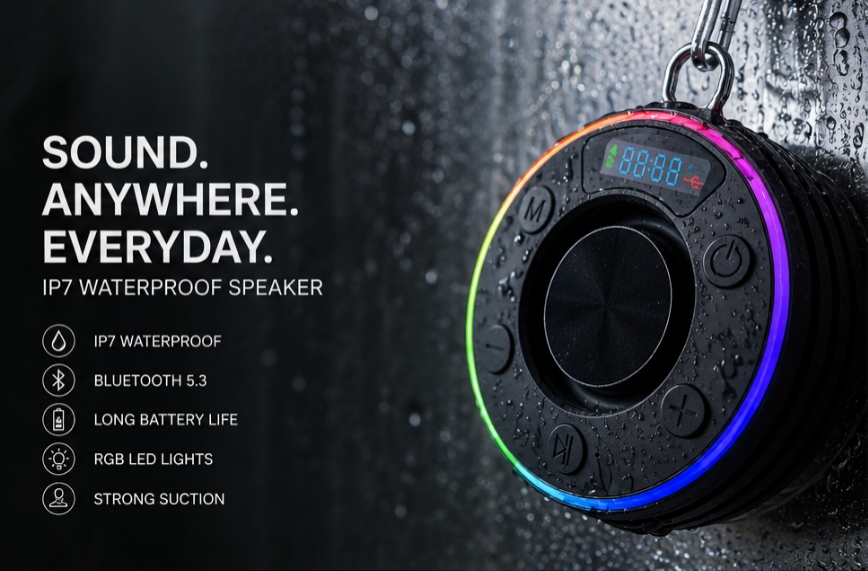 Waterproof Bluetooth Shower Speaker with Suction Mount, FM Radio & LED Clock