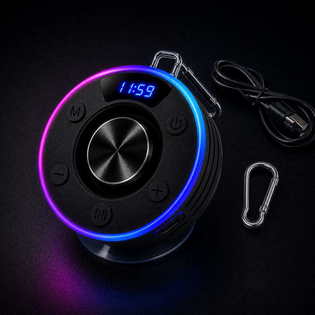 Waterproof Bluetooth Shower Speaker with Suction Mount, FM Radio & LED Clock